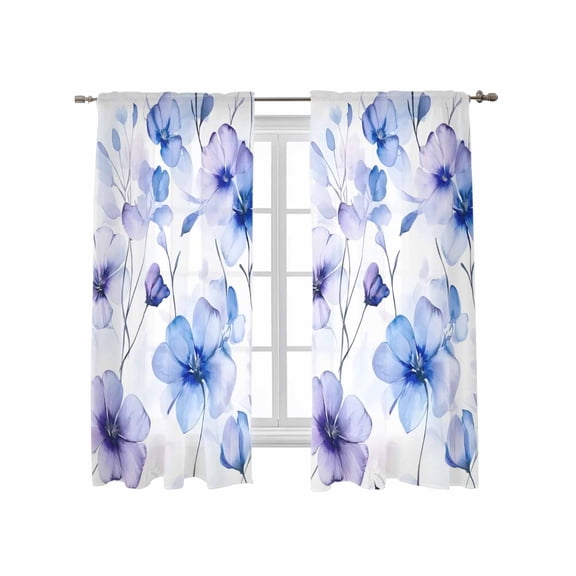 Purple Blue Spring Floral Curtains 63 Inch Length, Sheer Curtains for Bedroom Living Room Window Summer Flowers Botanical Rod Pocket Voile Drapes Kitchen Curtains Small Half Window 42"x63" 2 Panels