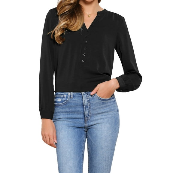 INSPIRE CHIC V Neck Button Front Top for Women's Long Sleeve Casual Dressy Top XS Black