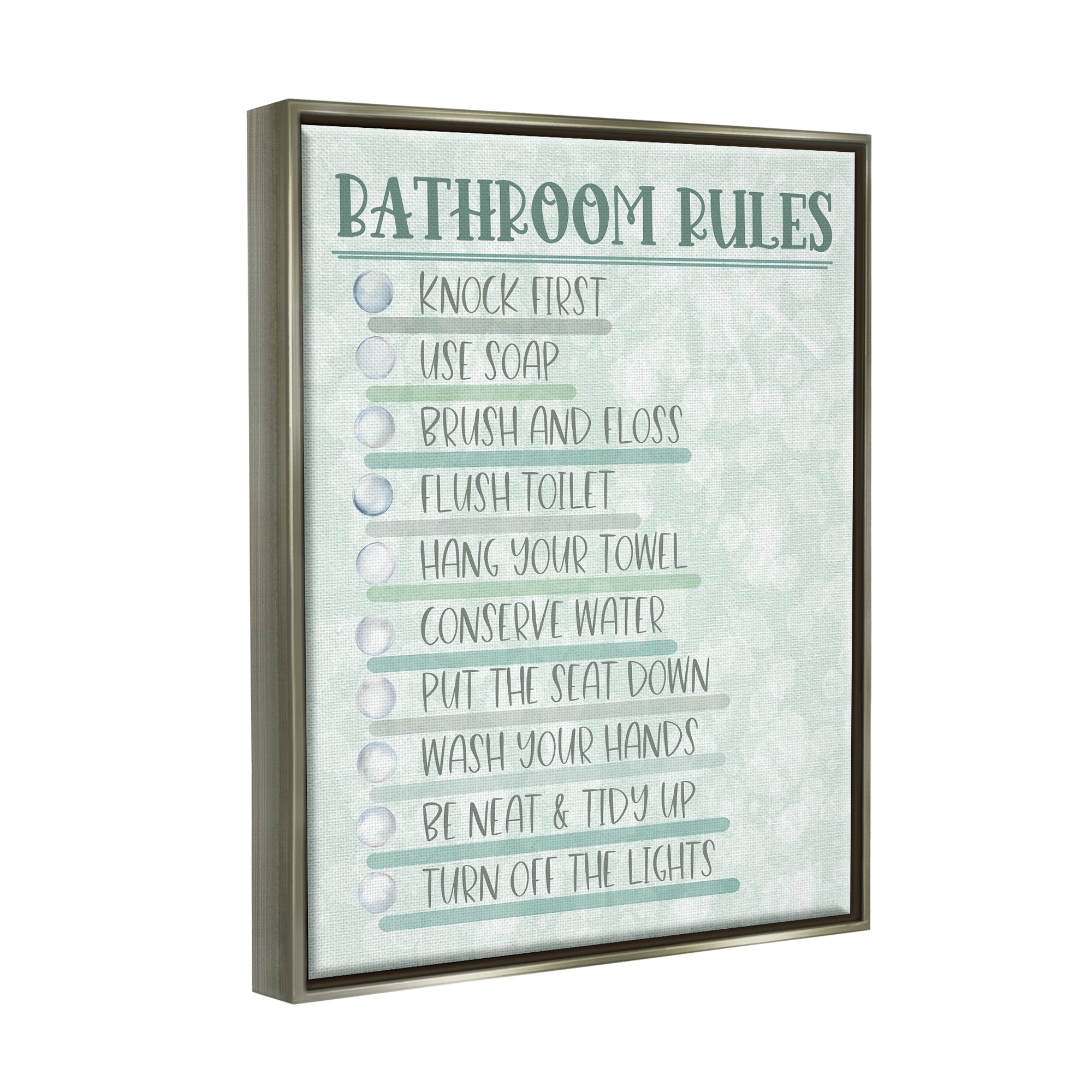 Stupell Industries Bathroom Rules on Green Typography Painting Gray Floater Framed Canvas Art Print Wall Art, 25 x 31