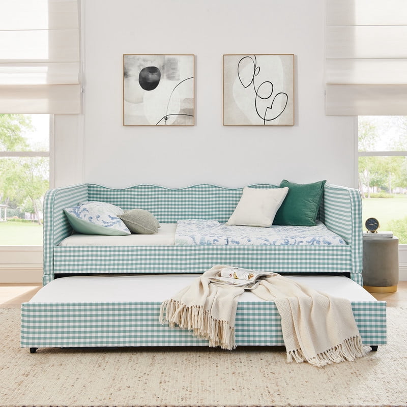 Full Size Daybed with Pop Up Trundle, Gingham Twin to King Daybed with Side Storage Pockets, Upholstered Sofa Bed Frame for Living Room Bedroom, No Box Spring Needed