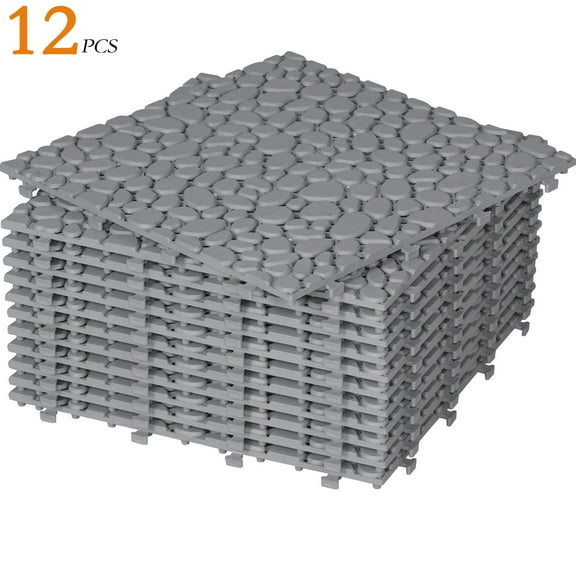 12 PCS Interlocking Deck Tiles 12" x 12", Plastic Patio Tiles Outdoor Flooring Deck Tiles, Waterproof Outdoor All Weather, Floor Tiles for Balcony Backyard Indoor Outdoor, Gray(Pebble Stone Pattern)
