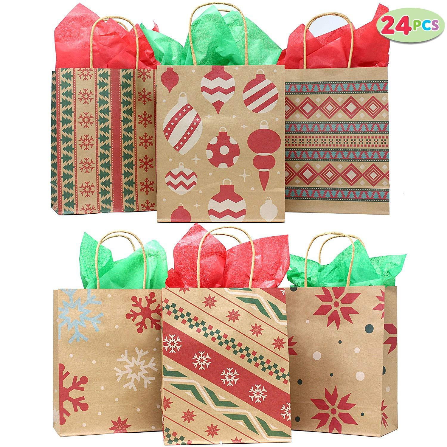 Santa Claus for Presend Wrap Goody Bags 16 Pack Bags with Handles School Classrooms Party Favors Christmas Kraft Paper Prints with Xmas Tree Snowman 