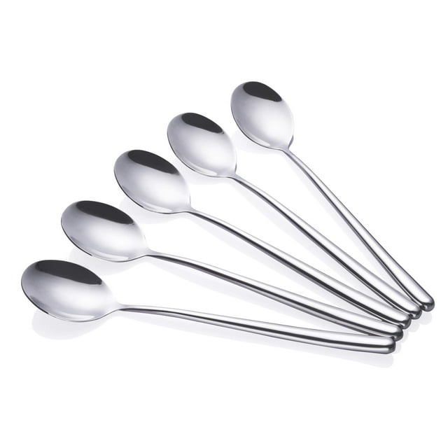 Cuchara coreana, cucharas de sopa de mango largo de acero inoxidable, cucharada larga, cuchara de café, paquete plateado de 5 (8,7x1,6 pulgadas)