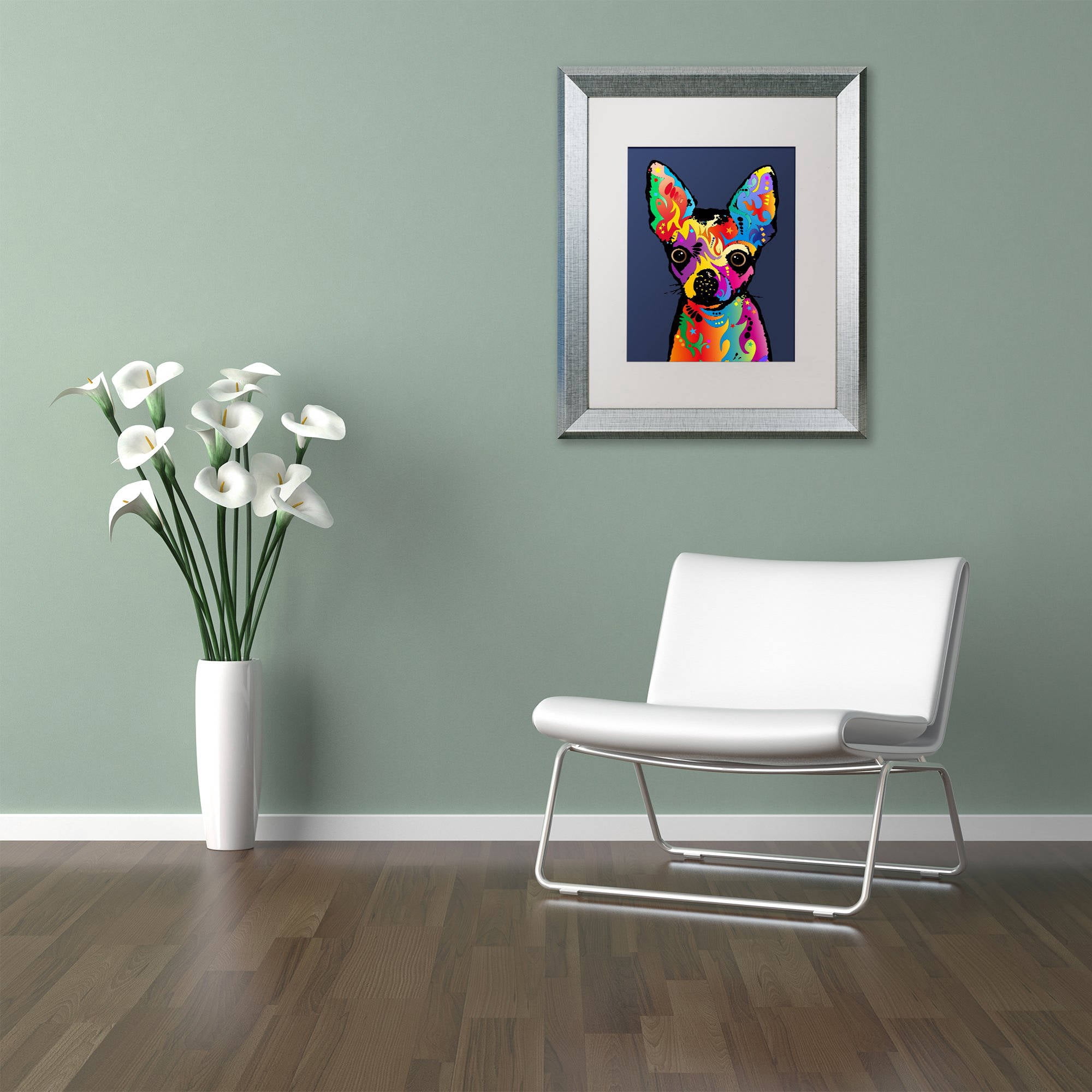 Trademark Fine Art "Chihuahua Dog Blue" Canvas Art by Michael Tompsett, White Matte, Silver Frame