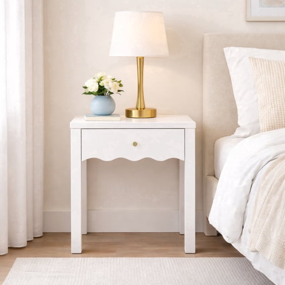 White Nightstand with Drawer, Small Side Table, End Table, Modern Bedside Table with Wavy Apron Design for Bedroom & Living Room