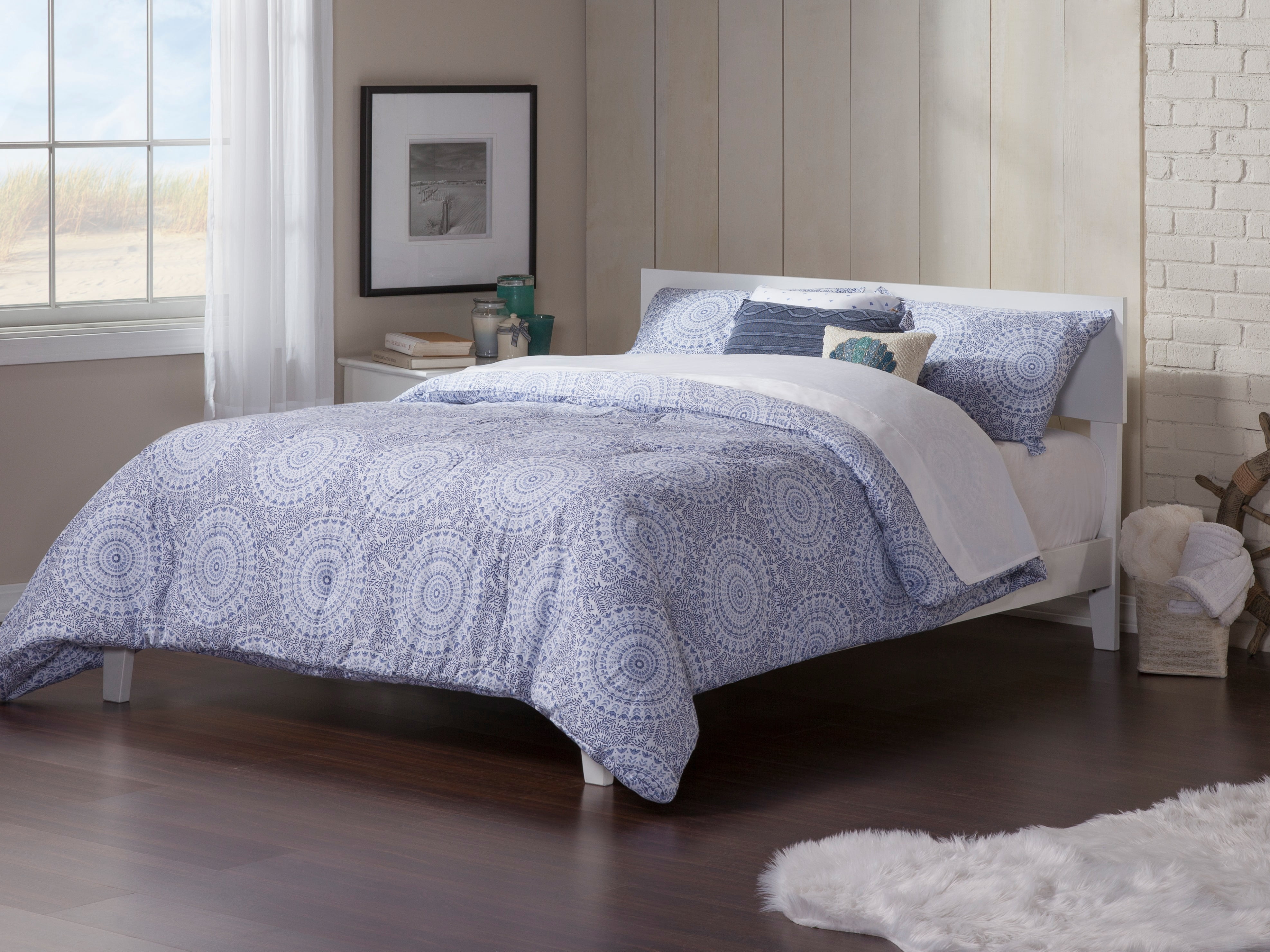 AFI Orlando Queen Low Profile Wood Platform Bed Frame with Panel Headboard, White