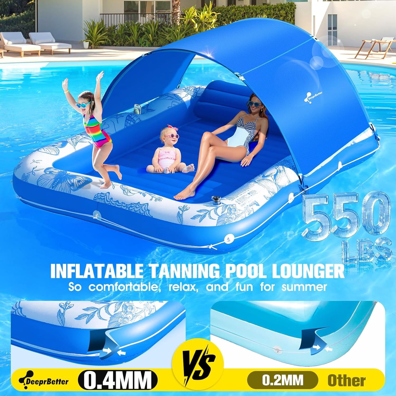 Inflatable Tanning Pool Lounger with Canopy,81"x 60" Large Tanning Floats for Adults,2025 Butterfly Pool Lounger Float,Blow Up Tanning Water Bed with Cup&Phone Holder,Adults Tanning Pools