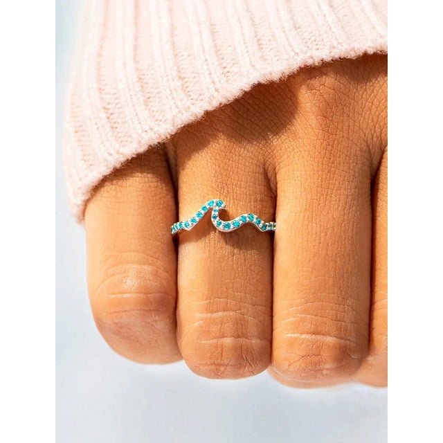 1pc Glamorous Cubic Zirconia Wave Design Silver Ring For Women For Girlfriend's Gift