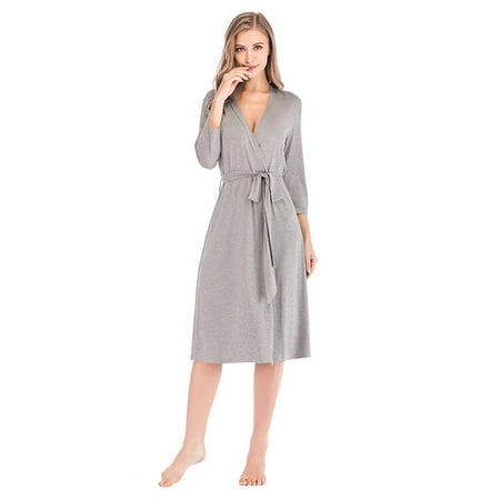 

Kimono Robe Spring Summer Cotton Bathrobe Women Nightwear with Belt Solid Color