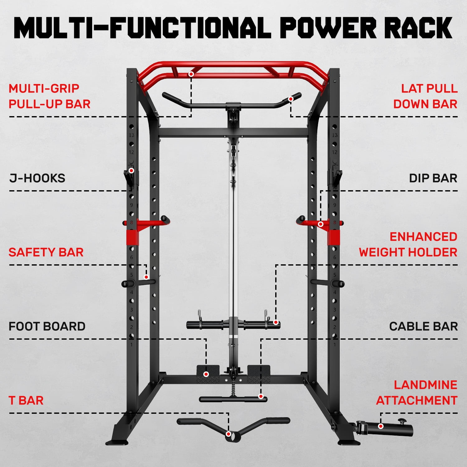 Forgemus Squat Rack for Home Gym,2000lbs Power Rack Squat Machine with LAT Pulldown and More Training Attachments,Weight Rack with Adjustable Pulley System for Full Body Workout,Black
