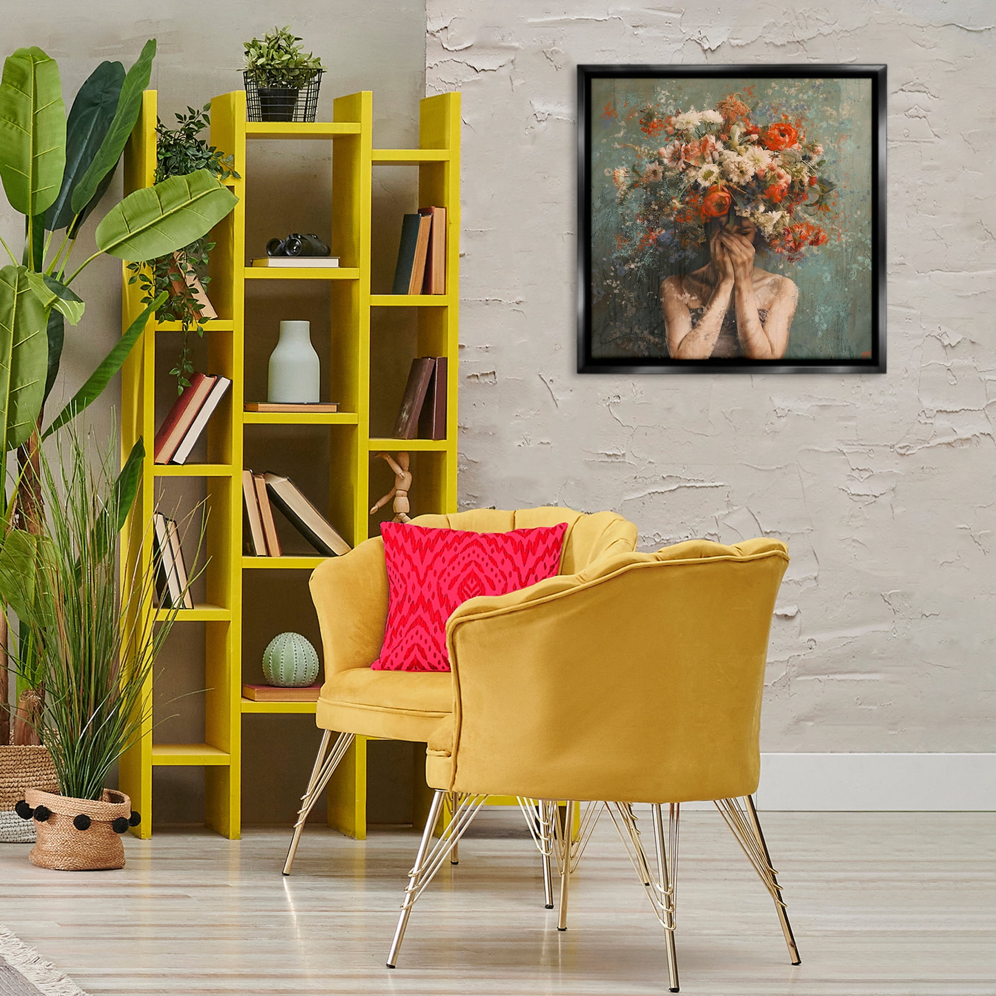 Stupell Industries Floral Figure Portrait Floral & Botanical Painting Black Floater Framed Canvas Art Print Wall Art, 25 x 25