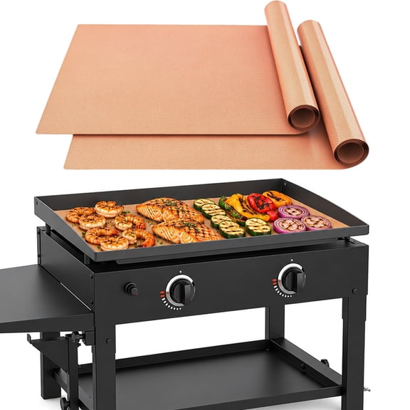 RIOFLY 2 Pack Copper Grilling Mats, Nonstick Reusable Heavy Duty Mat for 28 Inch Flat Top Griddle Under Grill, Heat Resistant Barbecue Accessories, 28 x 17.8 Inch