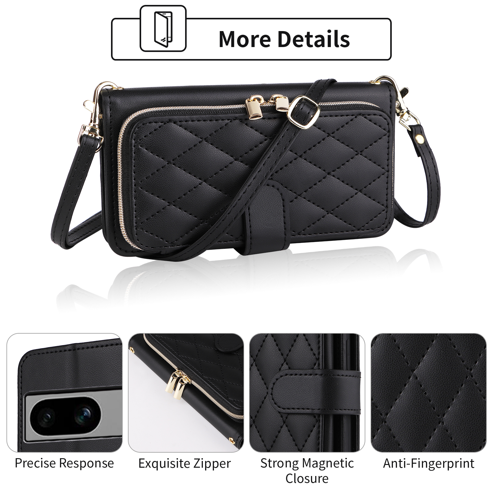 Furiet Wallet Case for Google Pixel 7 5G with Wrist/Shoulder Strap, Card Slots Zipper Flip Purse Luxury PU Leather Card Holder Stand Cell Phone Cover for Pixel7 Pixle Seven 6.3 Women Girls Black