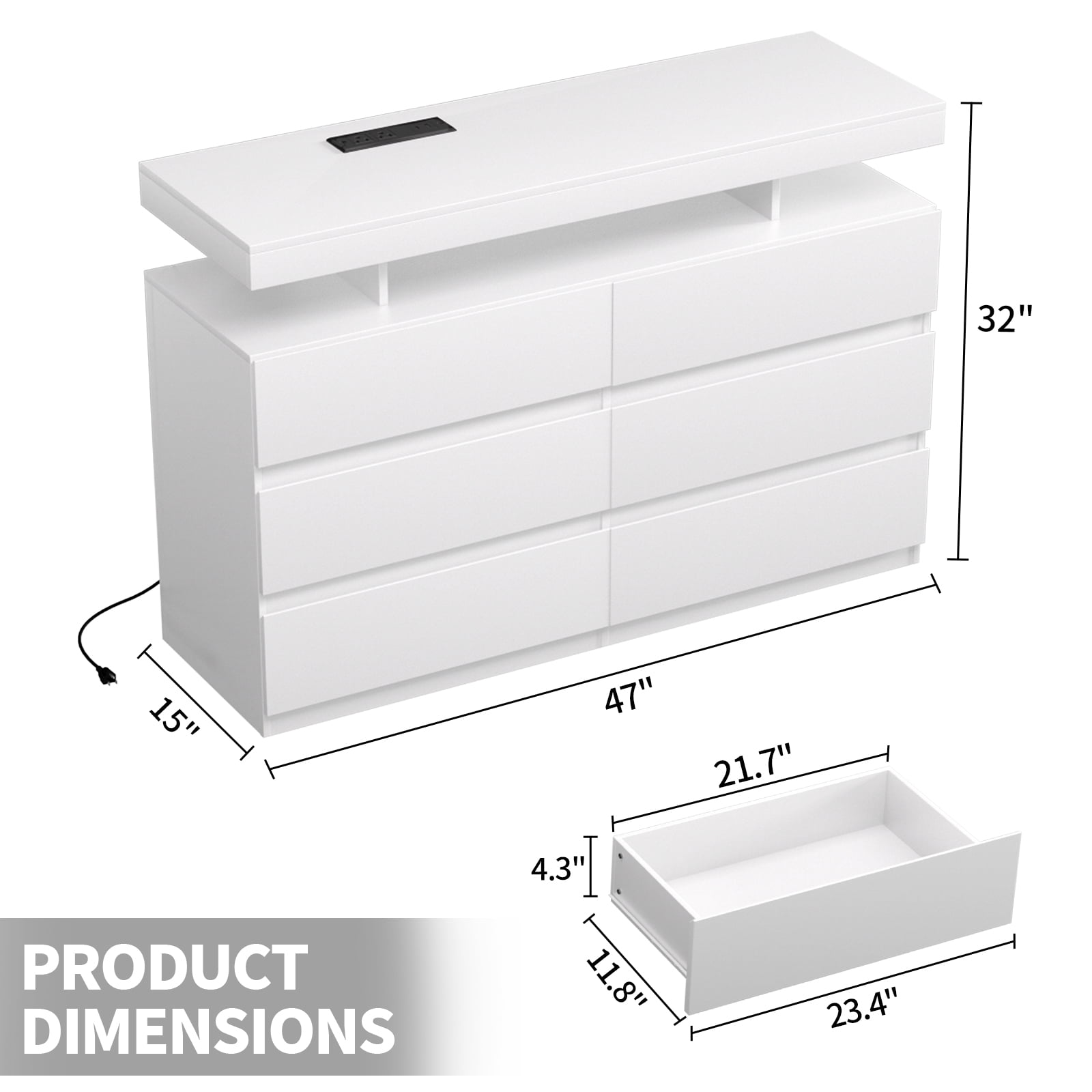 Hommpa White LED 6 Drawers Dresser for Bedroom, Chest of Drawers with Charging Station and LED Lights, TV Stand Tall Dresser for Closet, Wooden Modern Storage Cabinet for Living Room, Entryway