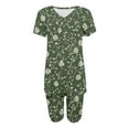 thumbnail image 4 of Wyobmus Women's 2 Piece Short Outfit Causal Floral Printed V Neck Half Sleeve Tee Shirt Skinny Legging Shorts Set Olive Green, 4 of 5