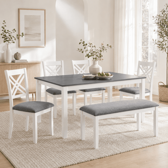 ZIVACATE 6-Piece Solid Wood Dining Table Set, Complete 6-Piece Set with Upholstered Bench, Includes 1 Wood Leg Table, 4 Padded Chairs and 1 Padded Bench for Kitchen Dining Room, White 1