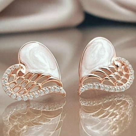 Elegant Womens Ladies 925 Sterling Silver 18K Rose Gold Wing Earrings Angel Wings pearl Diamond Earrings Wedding Engagement Jewelry Earrings Gifts