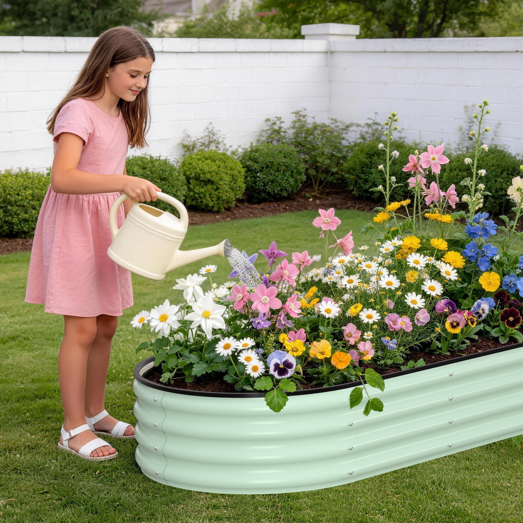 Oval Raised Garden Bed, 4x2x1 FT Galvanized Metal Planter Box for Outdoor, Large Oval Vegetable Bed for Flowers, Herbs & Succulents, Heavy Duty Steel Garden Bed for Backyard, Green