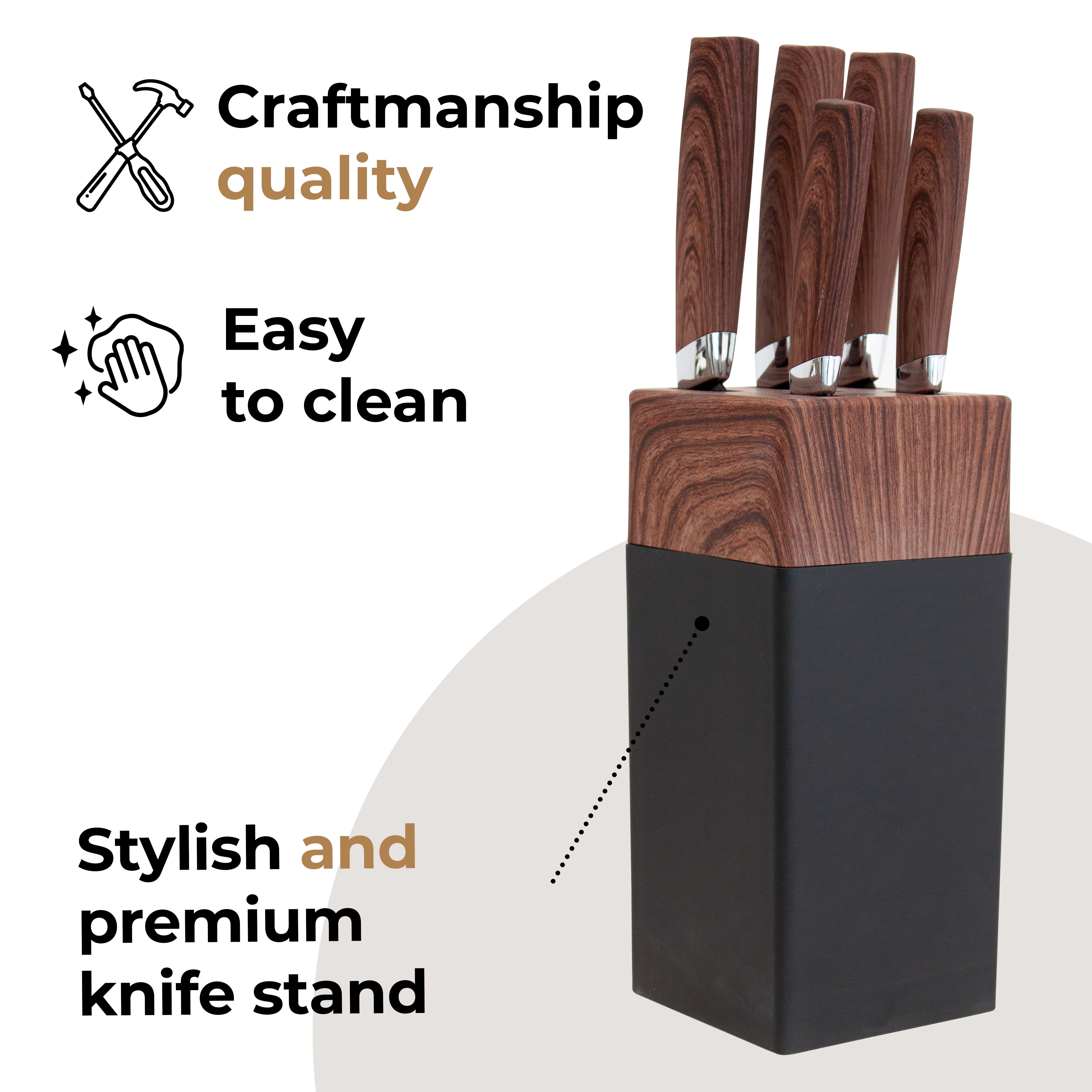 JS Gourmet 5 Piece Stainless Steel Black Knife Set with Storage Block for Kitchen