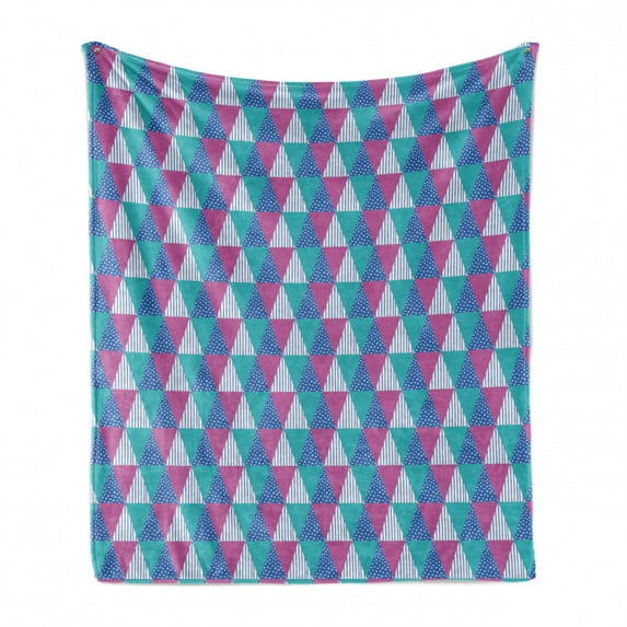 Abstract Soft Flannel Fleece Throw Blanket, Continuous Triangles Polka Dot and Stripes Geometric Print, Cozy Plush for Indoor and Outdoor Use, 50" x 60", Fuchsia Seafoam, by Ambesonne
