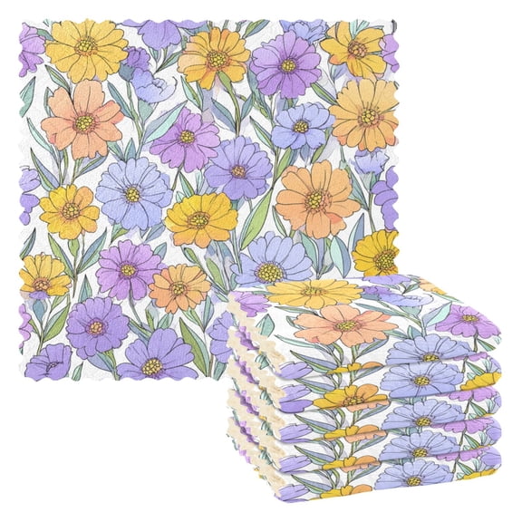 6 Pieces of Kitchen Towels 11x11Inch Kitchen Dish Cloths Kitchen Dish Towels Reuseable Cleaning Cloths Pale Purple Flowers