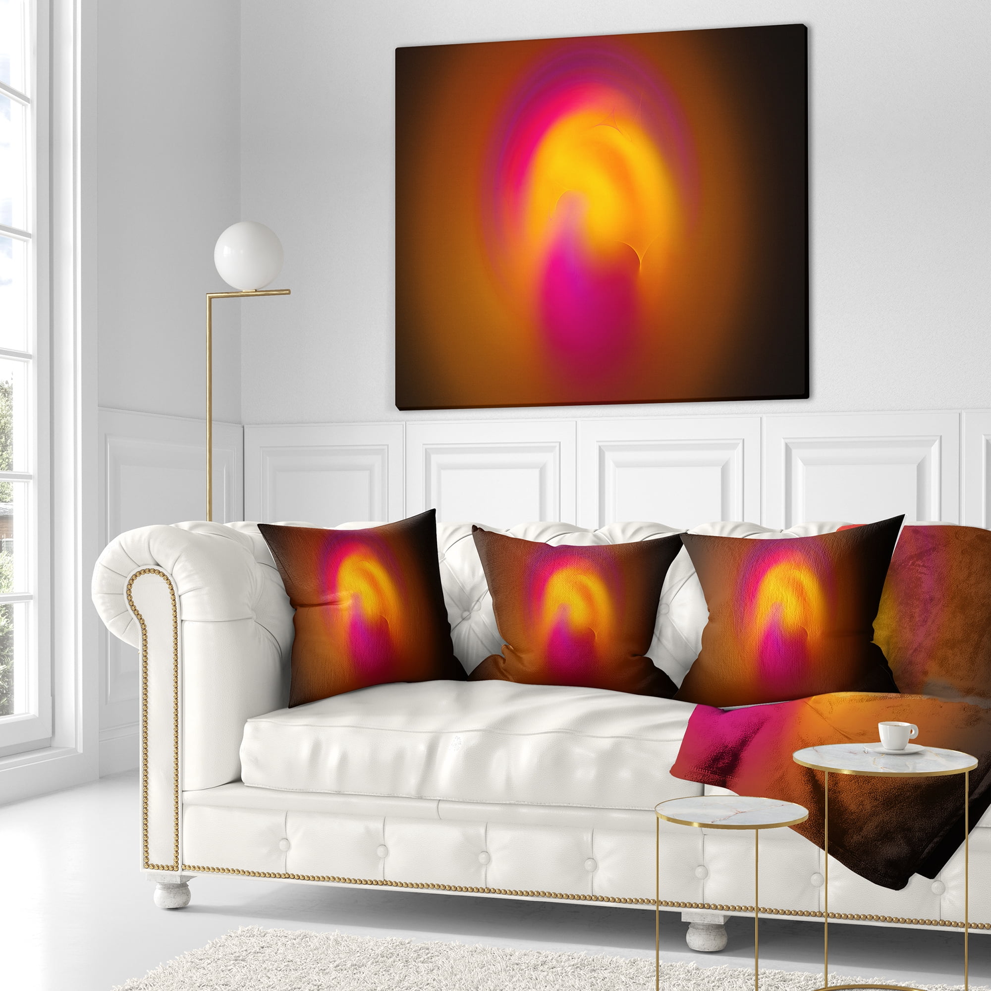Designart Yellow Pink Misty Sphere on Black - Abstract Throw Pillow - 16x16