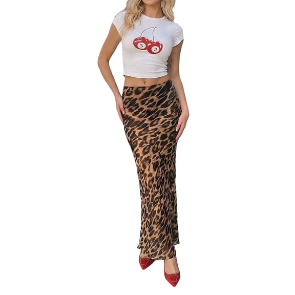 DHFJKG Maxi Skirts For Women Leopard Print Mid Rise Slim Fit Retro Long Skirts Night Out Party Wear Stylish Skirt