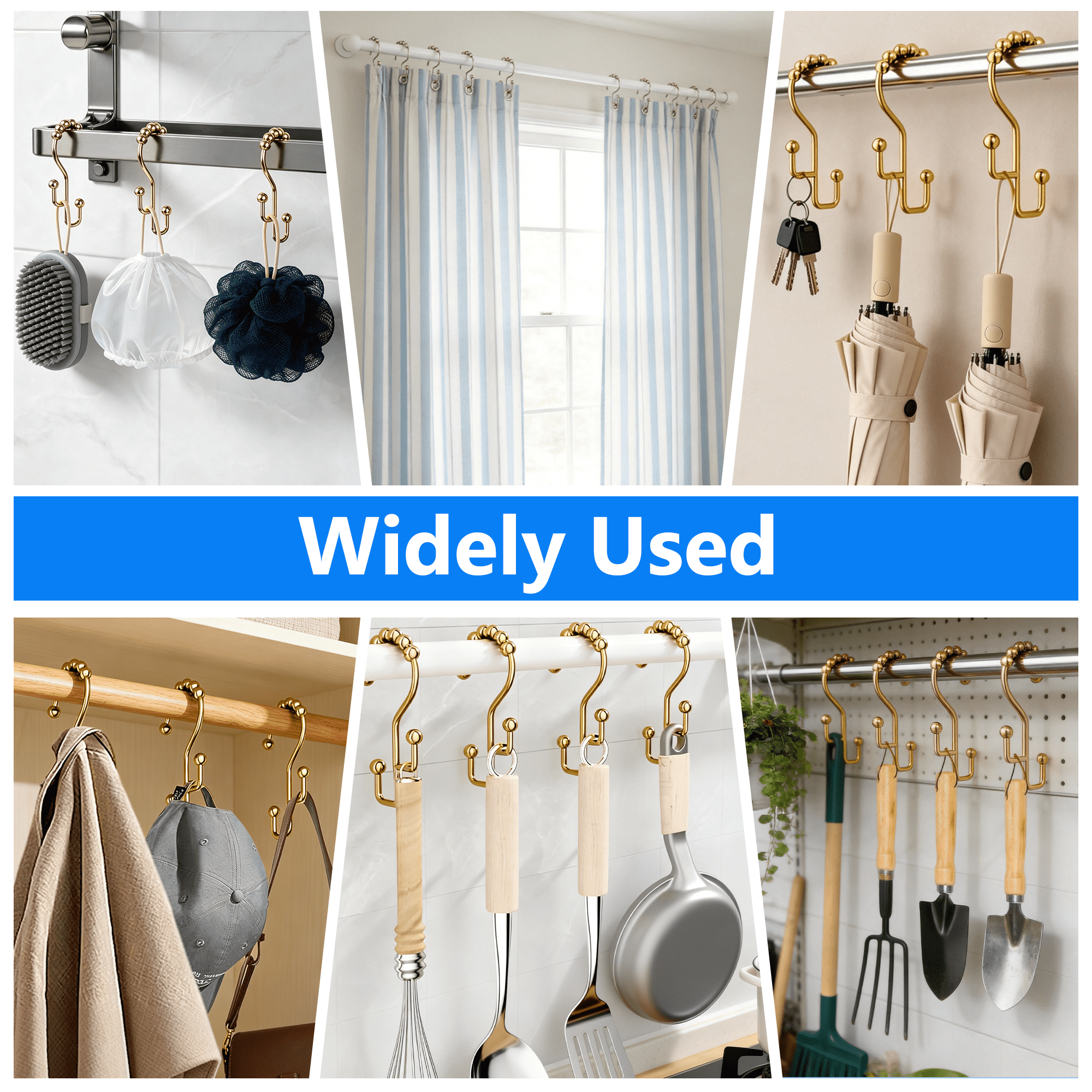 12 Pack Shower Curtain Hooks Rings, Double Shower Curtain Hooks, Roller Ball Metal Curtain Rings, Rust Proof Decorative Shower Curtain Hooks for Bathroom Curtain Rod