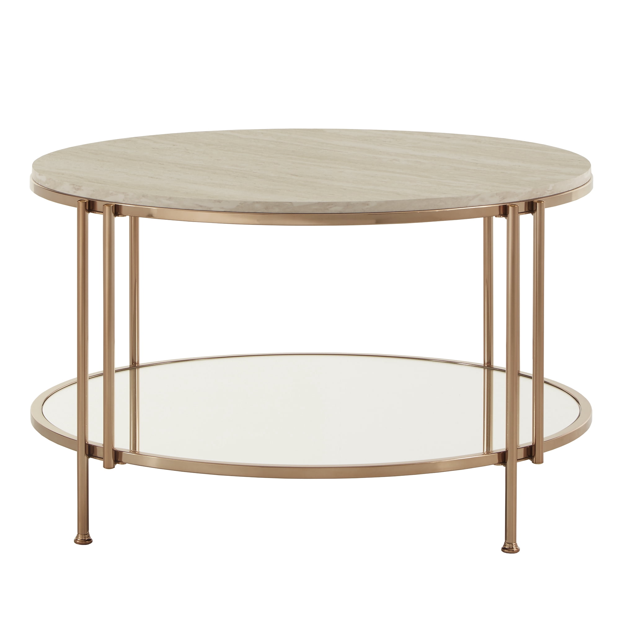 Weston Home Shaelyn Round Gold Cocktail Table with Faux Marble Top and Mirror Shelf
