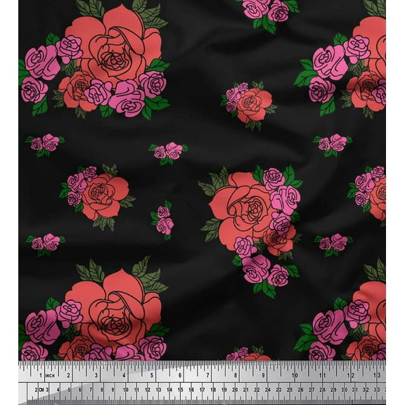 Soimoi Black Cotton Duck Fabric Leaves & Rose Floral Printed Fabric 1 Yard 42 Inch Wide