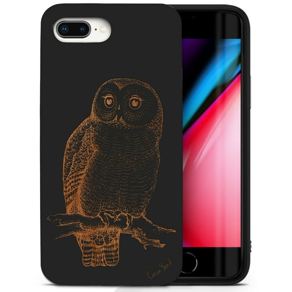 Case Yard Wooden Case for iPhone-8-Plus Soft TPU Silicone cover Slim Fit Shockproof Wood Protective Phone Cover for Girls Boys Men and Women Supports Wireless Charging Owl Sketch Design