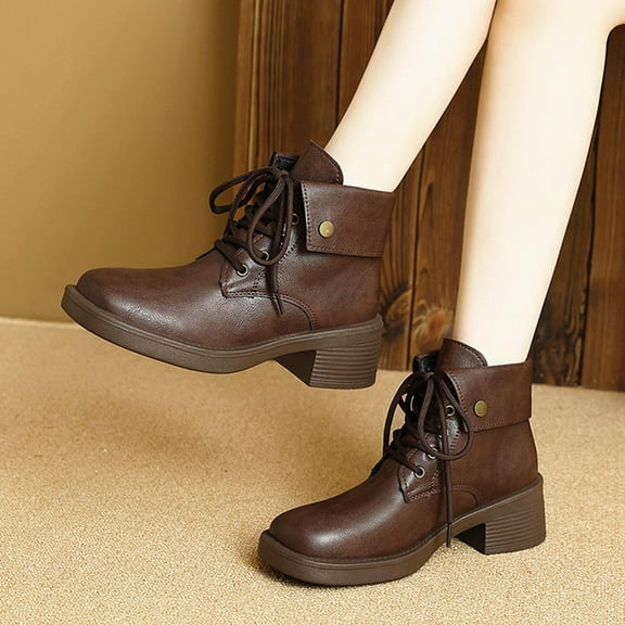 PiGOGI Women's British Style Ankle Boots for Women Lace Up Round Toe Block Heel Faux Leather Winter Casual Boots Brown 42