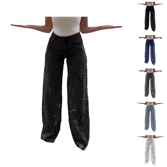 Jeans for Women 2025 Hollow Out Lace Patchwork High Waisted Wide Leg Denim Jean Pants Womens Jeans Trousers