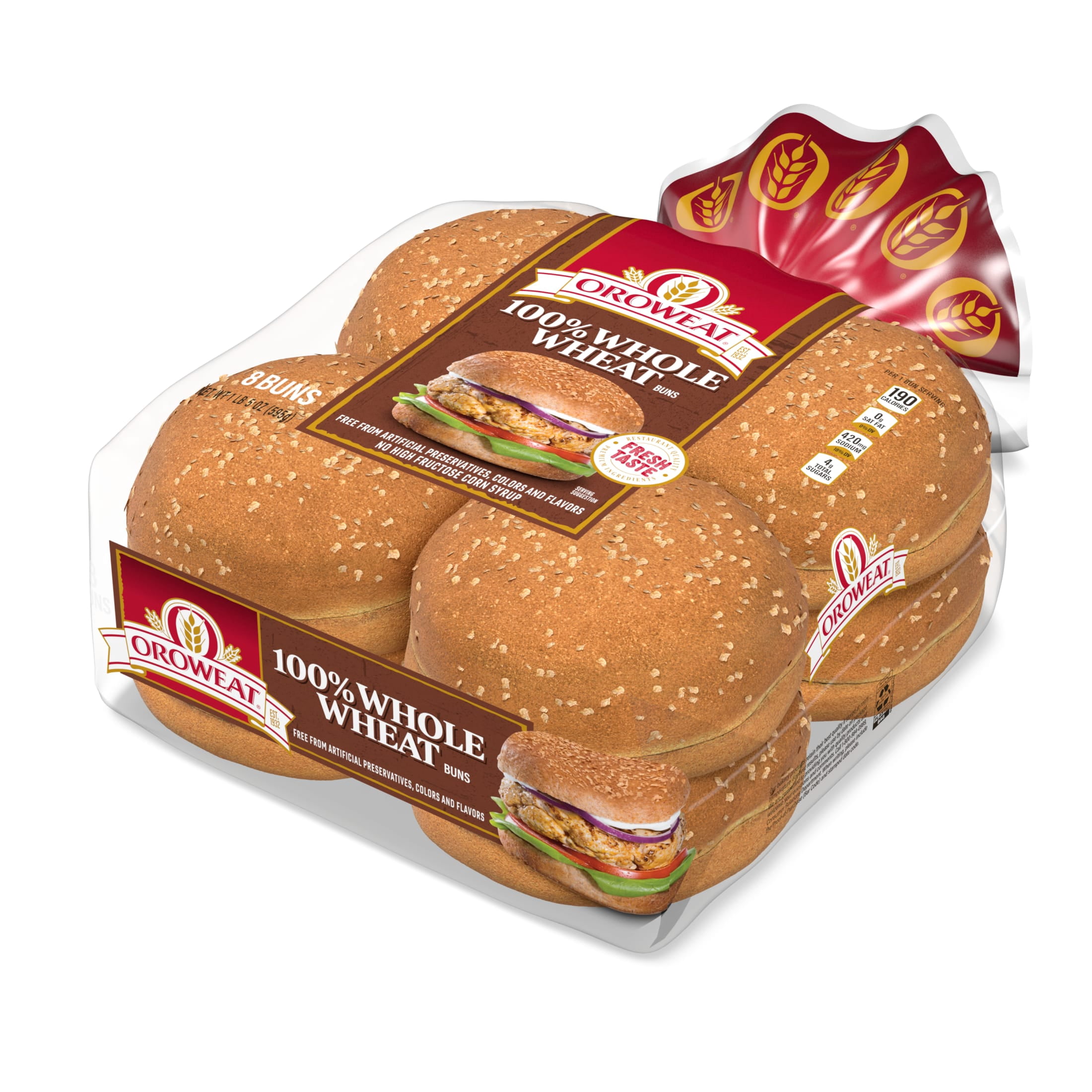 Oroweat Whole Wheat Buns, 8 count, Hamburger Buns, 21 oz Bag