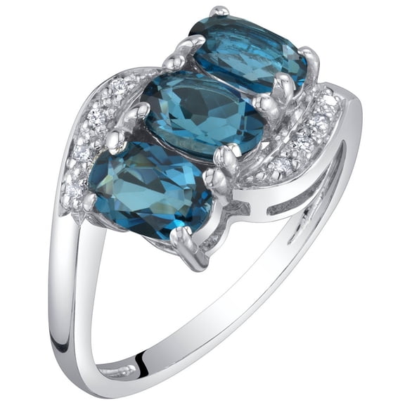 PEORA 14K White Gold Genuine London Blue Topaz and Diamond Three Stone Anniversary Ring 1.50 Carats Oval Shape Size 6