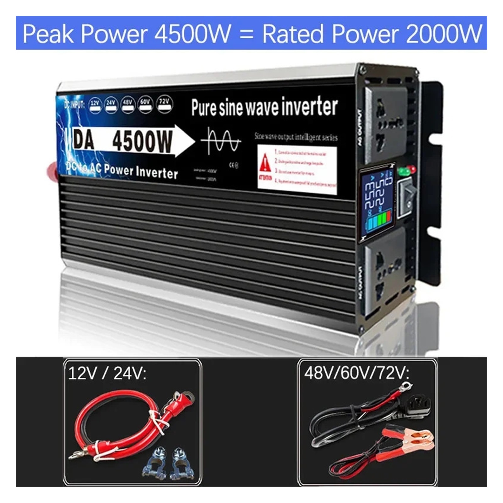 Pure Sine Wave Inverter DC 12/24/48/60/72V TO AC V Off Grid Solar Inverter Converter Transformer for Car Home ,Voltage Protection