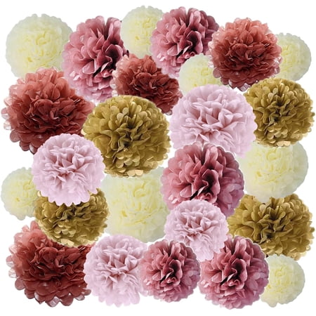 LUU-25 PCS Paper Flowers Tissue Paper Pom Poms Gold, Rose Gold, Blush Pink, Dusty Pink, Cream Paper Flower Balls for Party Decorations, Christmas, Birthday_SAI