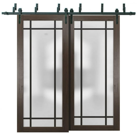 Sliding Closet Barn Bypass Doors 84 x 80 inches | Planum 2112 Chocolate Ash Frosted Glass | Sturdy 8ft Rails Hardware Set | Wood Solid Bedroom Wardrobe Doors