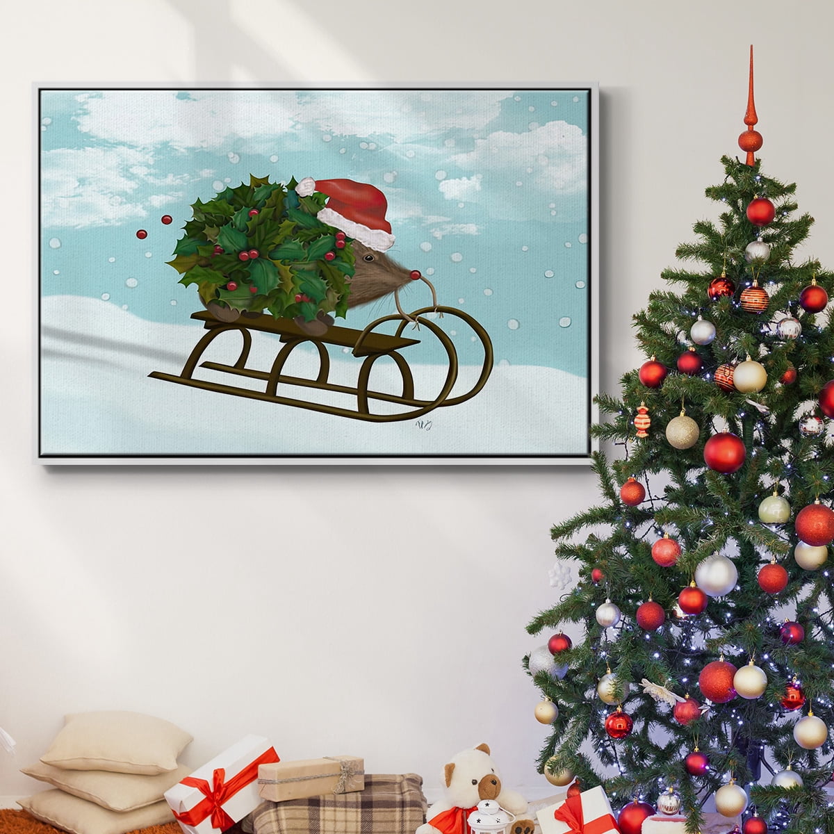 Christmas Holly Hedgehog Sledding - Framed Gallery Wrapped Holiday Canvas - 17 x 25 - White Frame