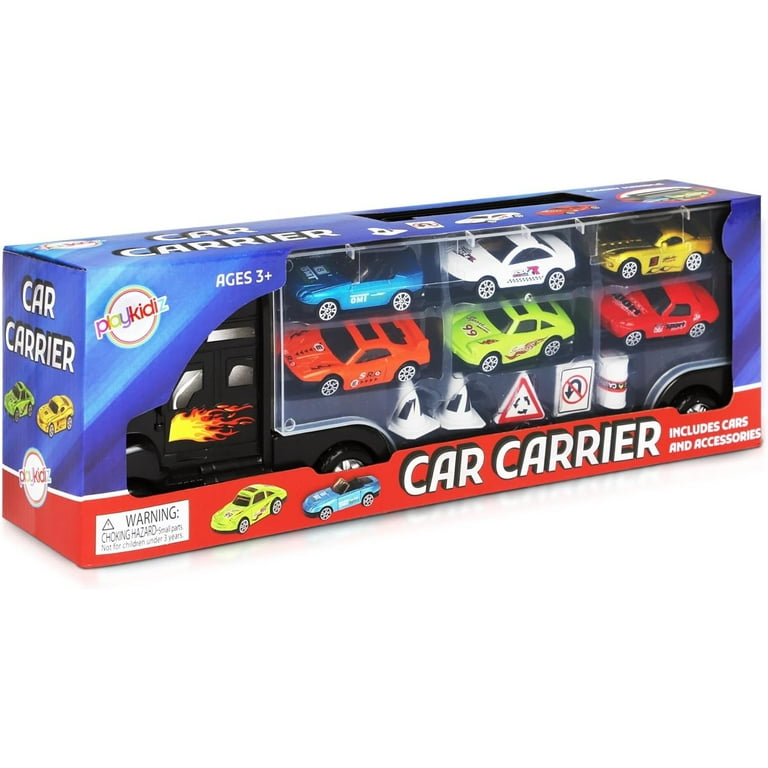 Playkidiz Car Carrier Toy Trucks for Kids Car Transporter Toys Truck Includes 6 Toy Cars and Accessories Toy Car Carrier with 12 Car Slots Boys