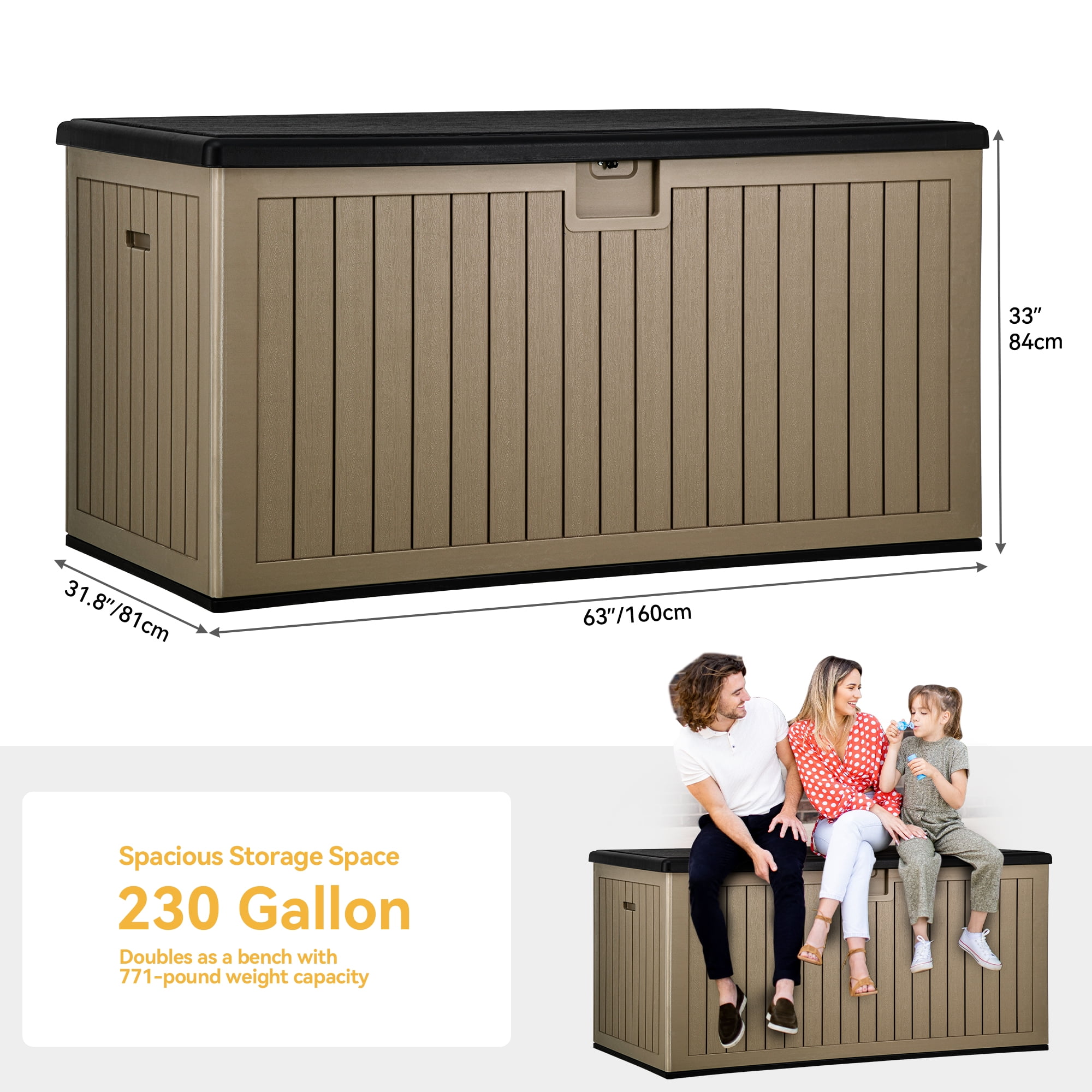 Dextrus Outdoor Waterproof 230 Gallon Resin Deck Box, Black & Brown
