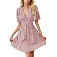 thumbnail image 3 of DYMADE Womens Summer Floral Pleated Elastic Waist V-Neck Half Sleeve A-Line Dress, 3 of 5