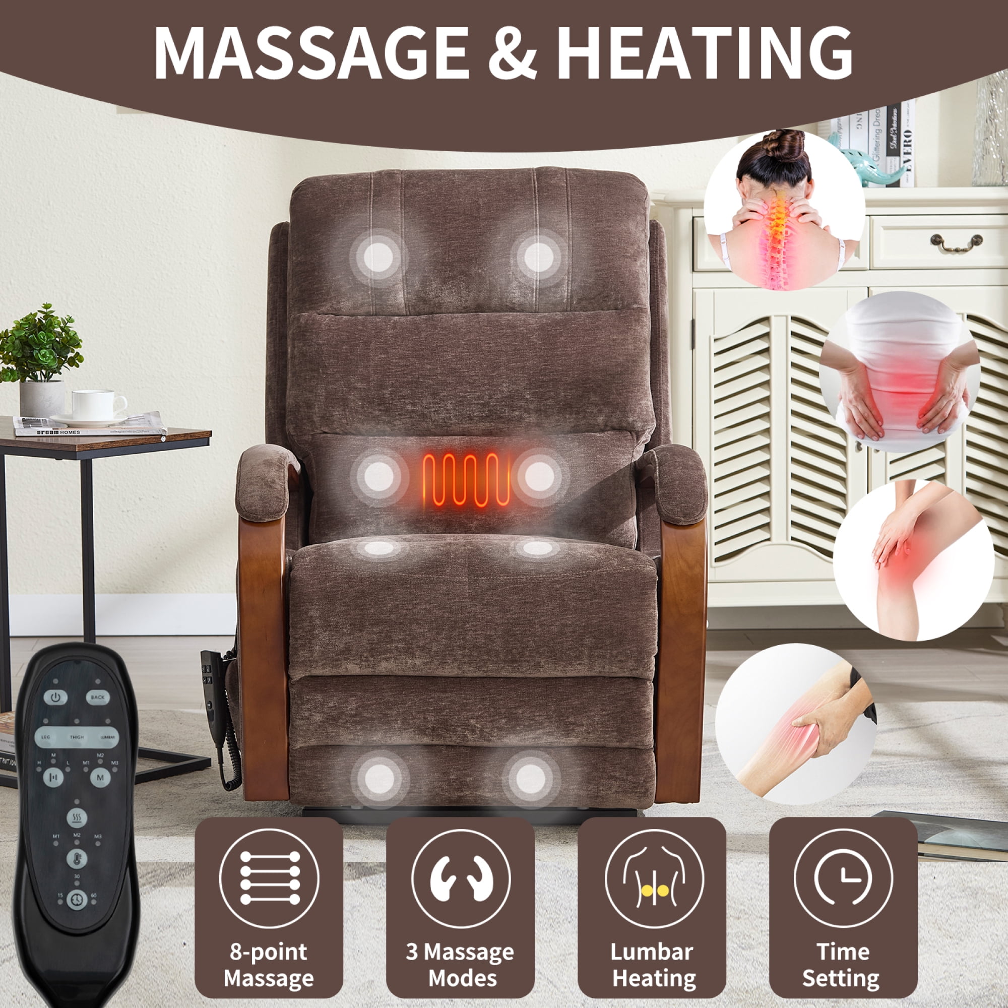 Leumius Power Lift Recliner Chair for Elderly with Heat and Massage,Lift Chair with Solid Wood Armrests for Living Room,Brown