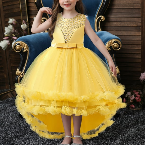 Vestidoo Formal Vestido sin mangas con cuello redondo Jersey para niñas Vestido de dama de honor de boda Ygjytge Amarillo 7 - 8 años para Niña