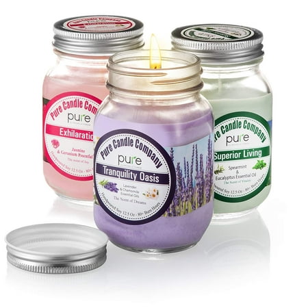 PURE Naturally Scented Aromatherapy Candles Gift Set, 2-Pack Jasmine & Spearmint Essential Oil Soy Candles Large Mason Jar, 12.5 oz. Natural Home Fragrance Candles, Best Gift for