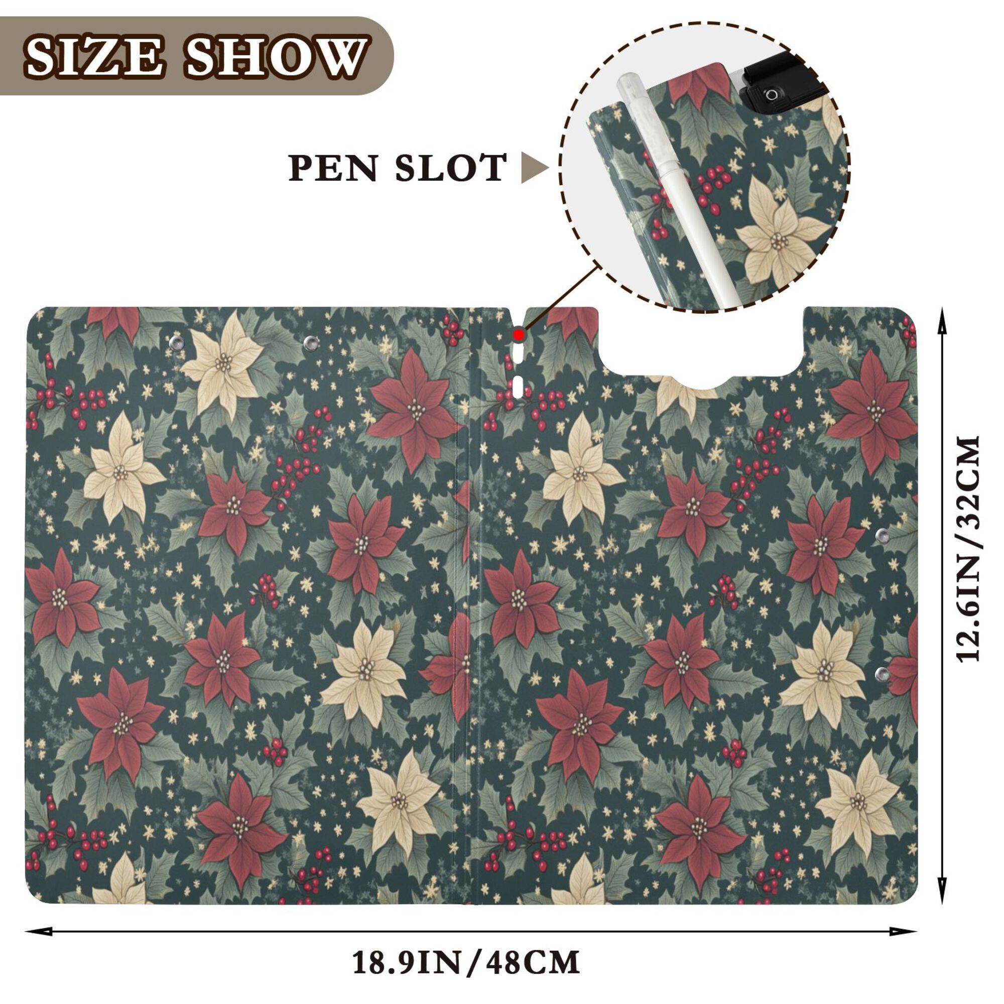 FORMRS A4 Clipboard Folder with Pen Holder Horizontal Foldable School Office Binder, Christmas Holly Leaves