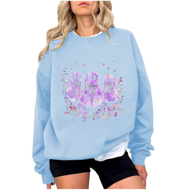 Chandail en Molleton Imprimé Fantôme pour Femmes Chandail Léger et Chaud Blouses Col Rond Manches Longues Ultra Doux Texturé Tenues de Printemps 2025 Chandail Automne Hiver Vêtements