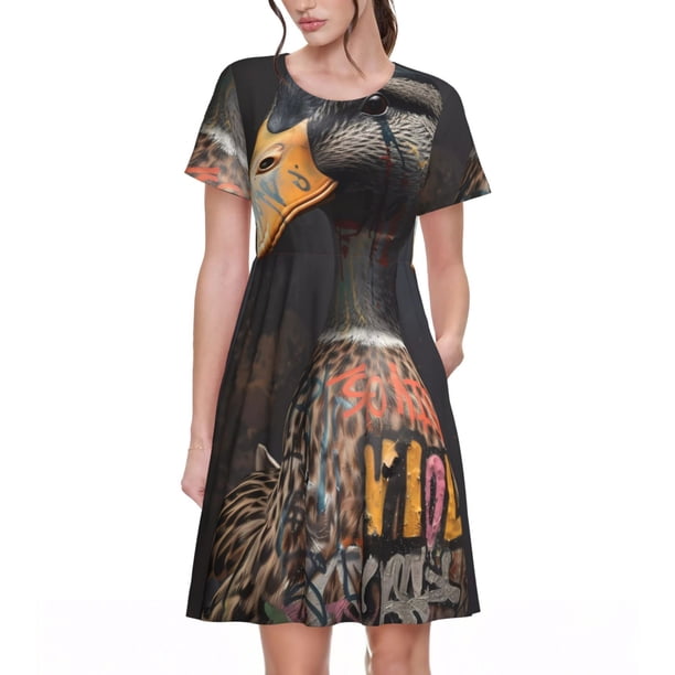 Disketp Graffiti Cool Duck para Vestido de Manga Corta para Mujeres, Vestidos de Verano para Mujeres, Casual y Holgado para la Playa
