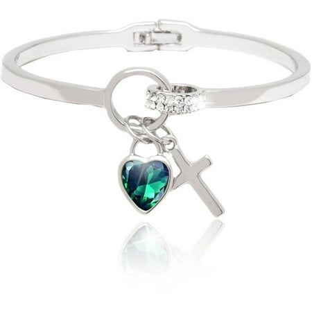 - 18kt White Gold over Brass & Swarovski Elements Green Heart & Cross Charm Bangle