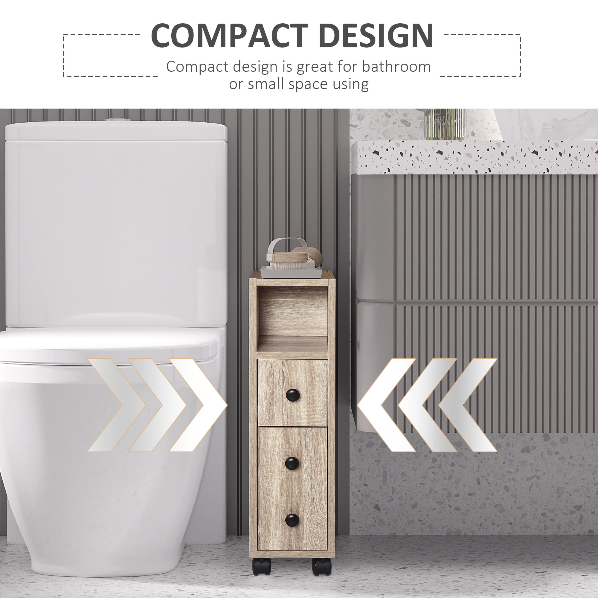 HOQBN Freestanding Compact Design Bathroom Cabinet with 2 Open Cabinets, 1 Door Cabinet, 1 Drawer and 4 Rolling Wheels, Oak